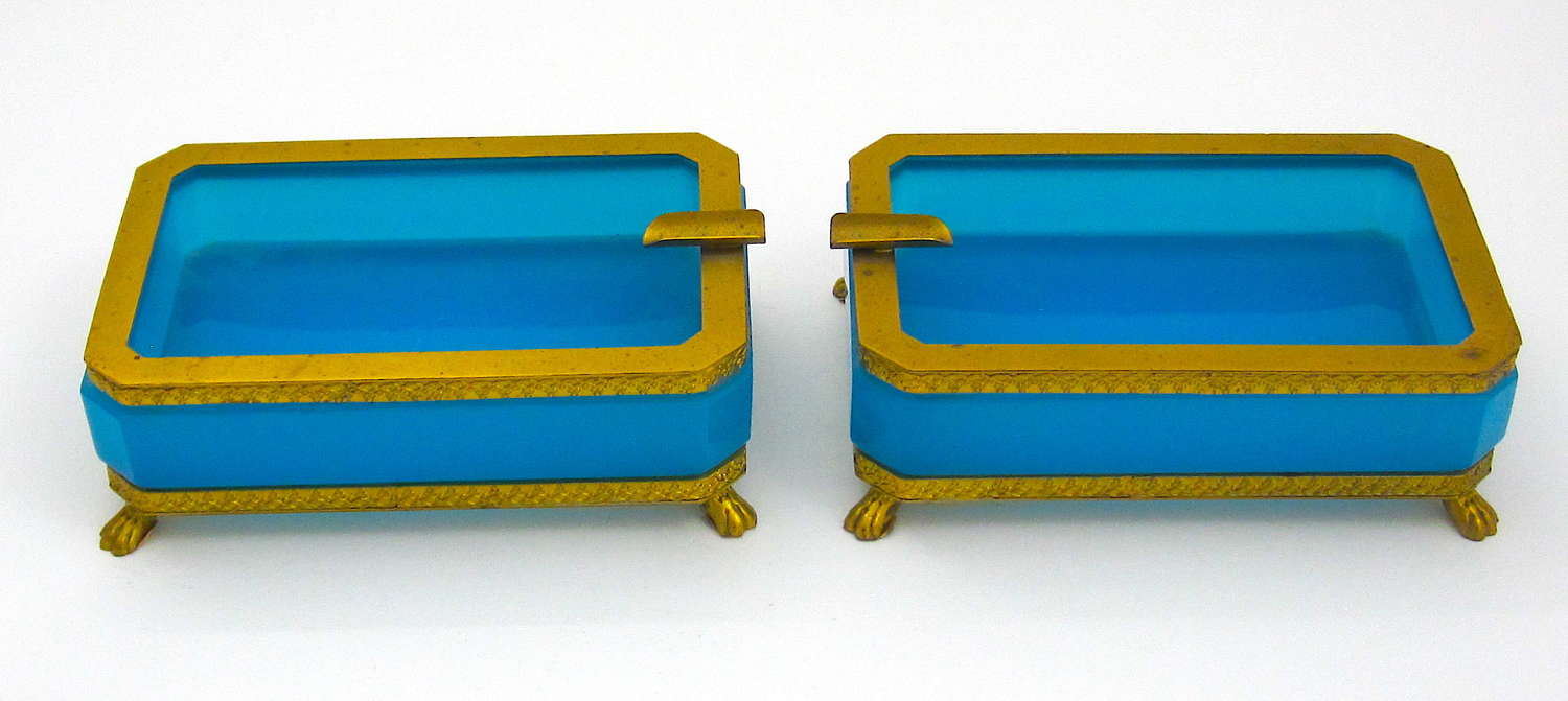 Pair of Vintage Blue Opaline Ashtrays with Dore Bronze Feet.