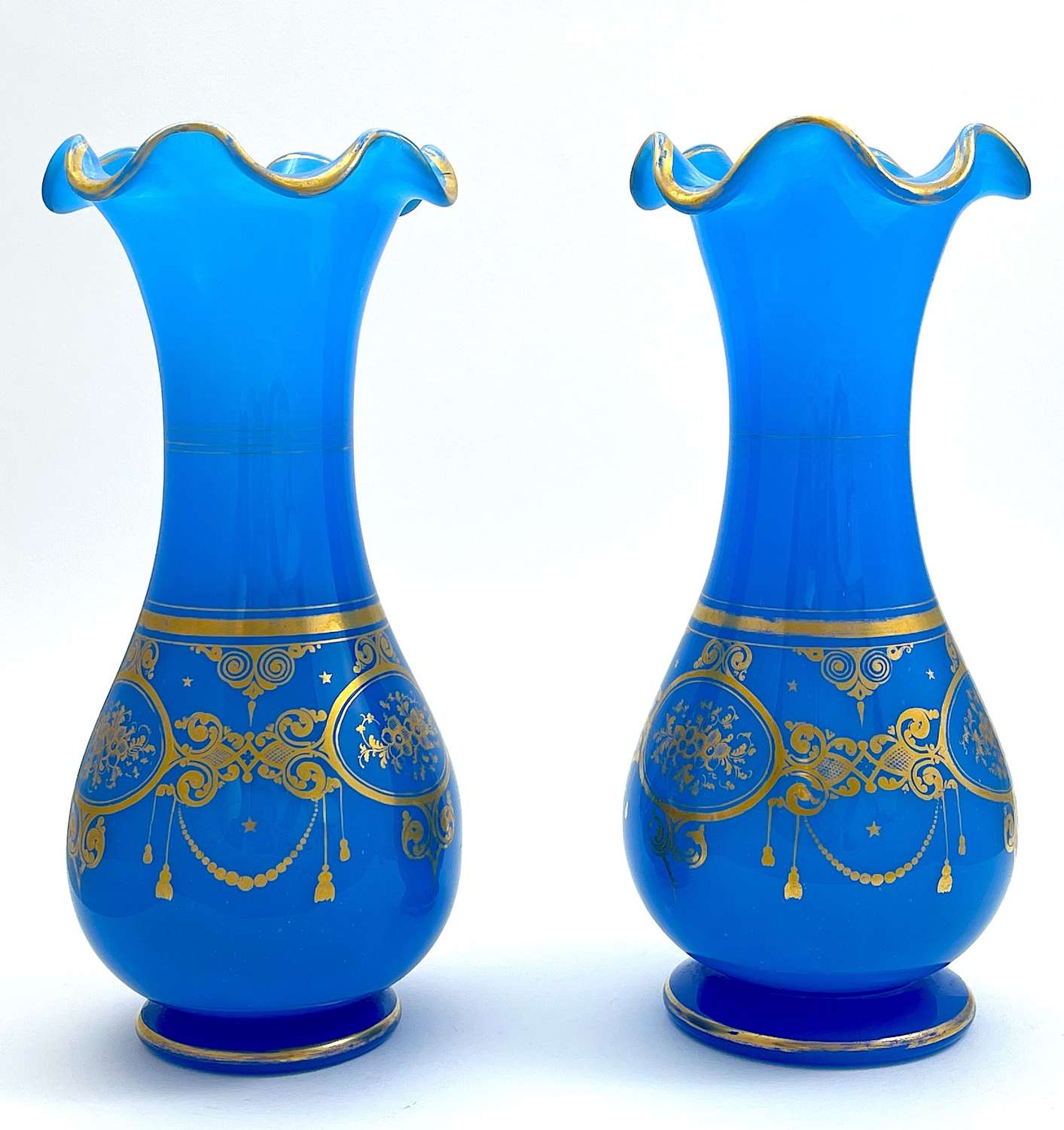A Pair of High Quality Baccarat Blue Opaline Glass Vases