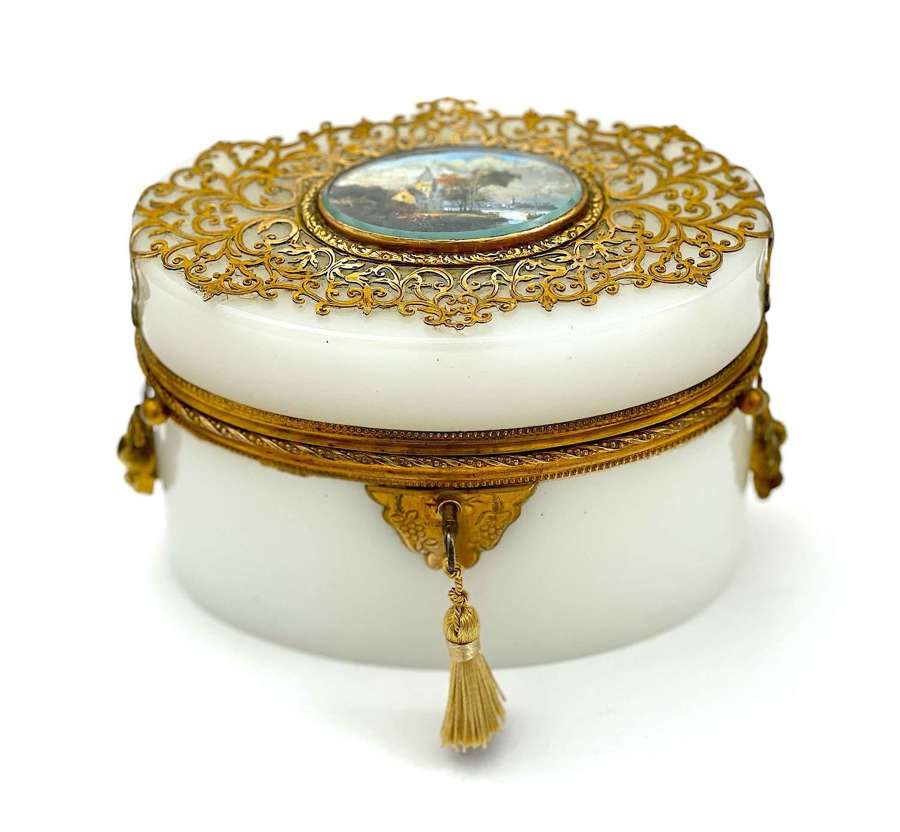 A Fine Antique French White Opaline Glass Oval Casket