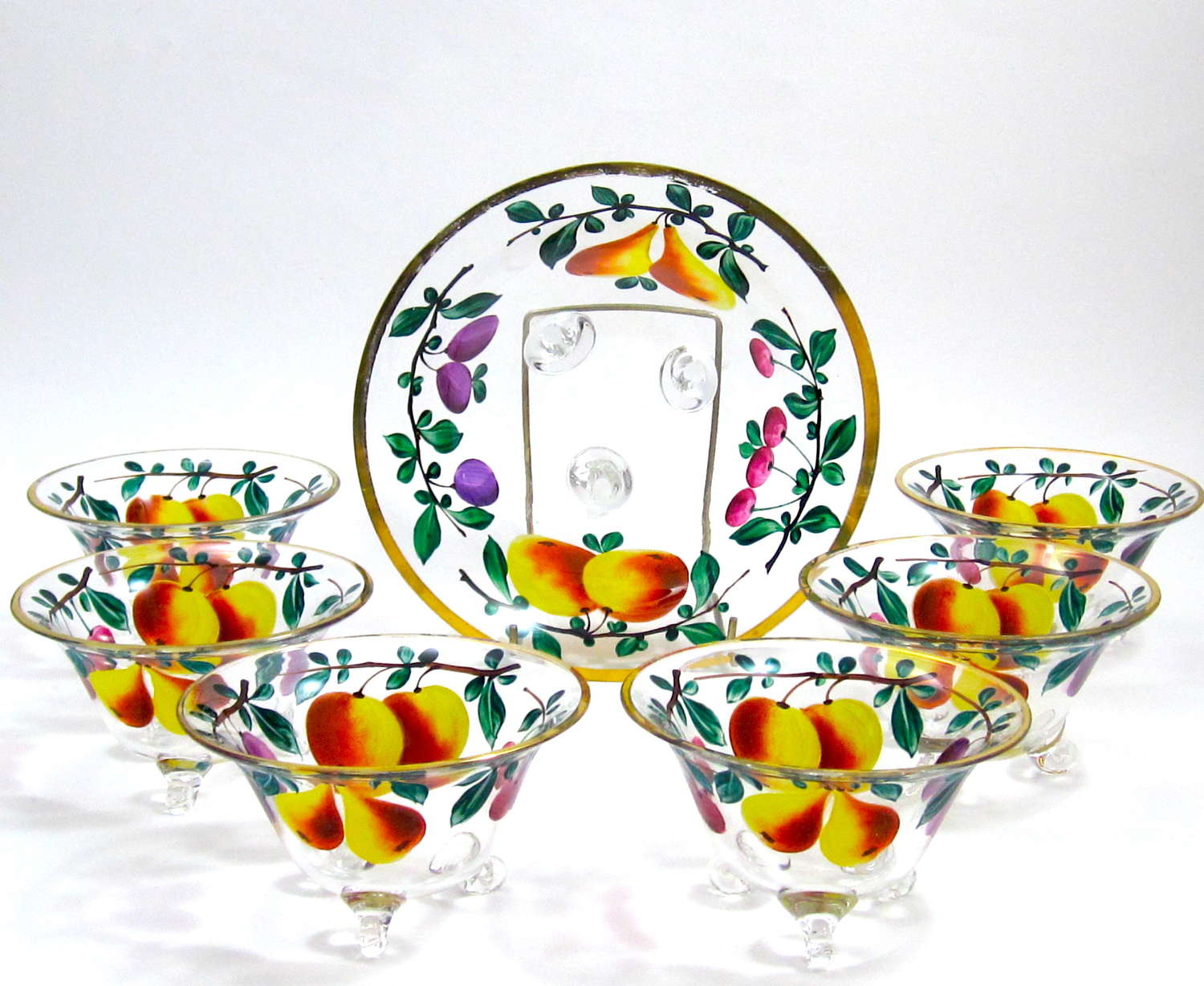 Antique Bohemian MOSER Enamelled Glass Set of Bowls with Applied Scrol