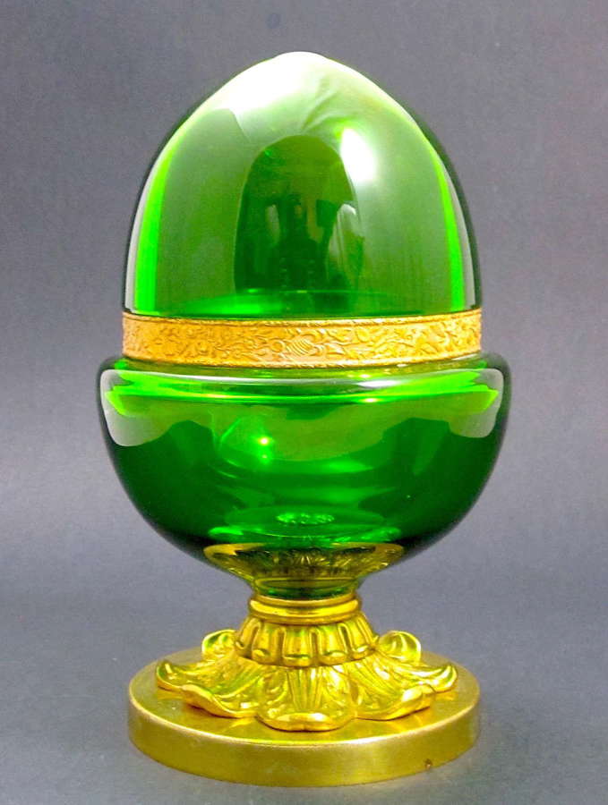 A Large Antique French Emerald Green Glass Egg Shaped Casket and Lid