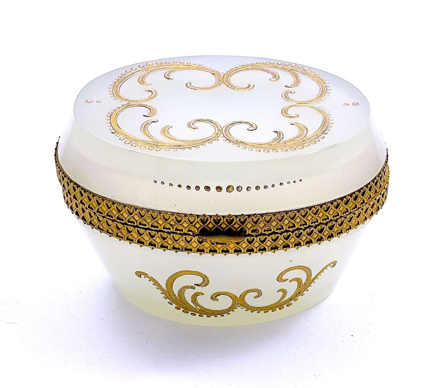 Antique White Opaline Glass Oval Casket Box with Dore Bronze Mounts