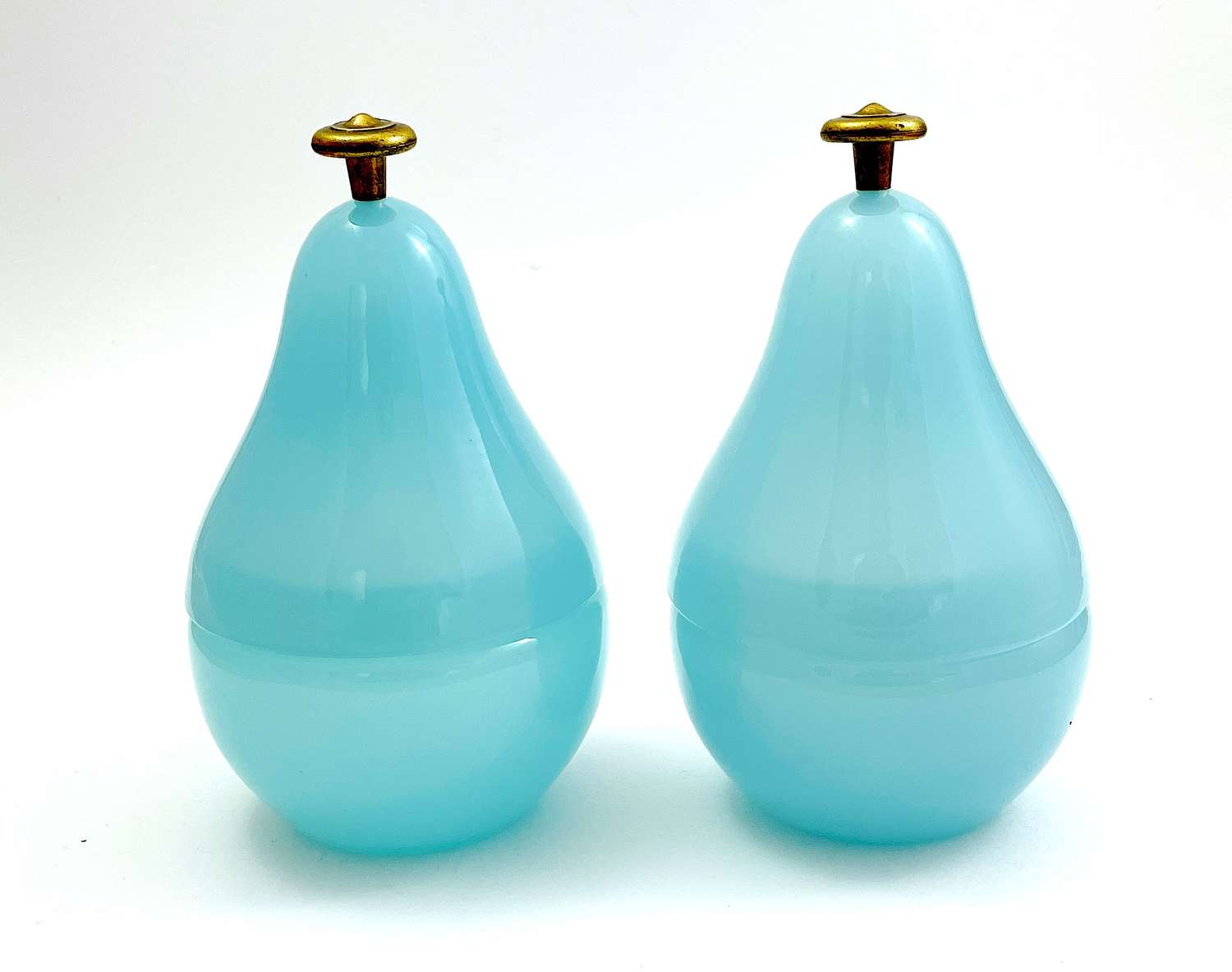 Pair of Vintage Blue Opaline Glass Pear Boxes with Dore Bronze Finial