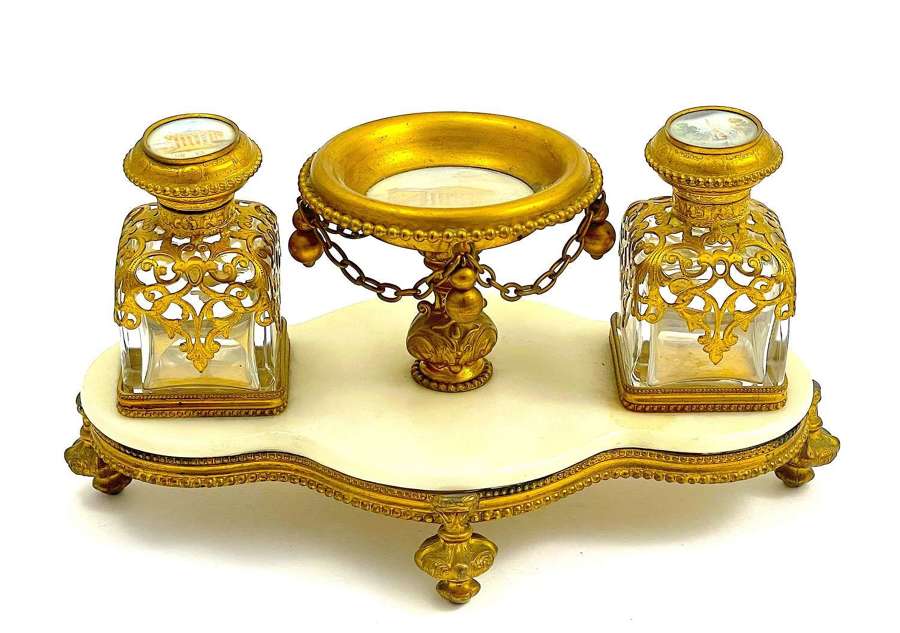 Antique Palais Royal Perfume Set Comprising of Dore Bronze Stand and 2