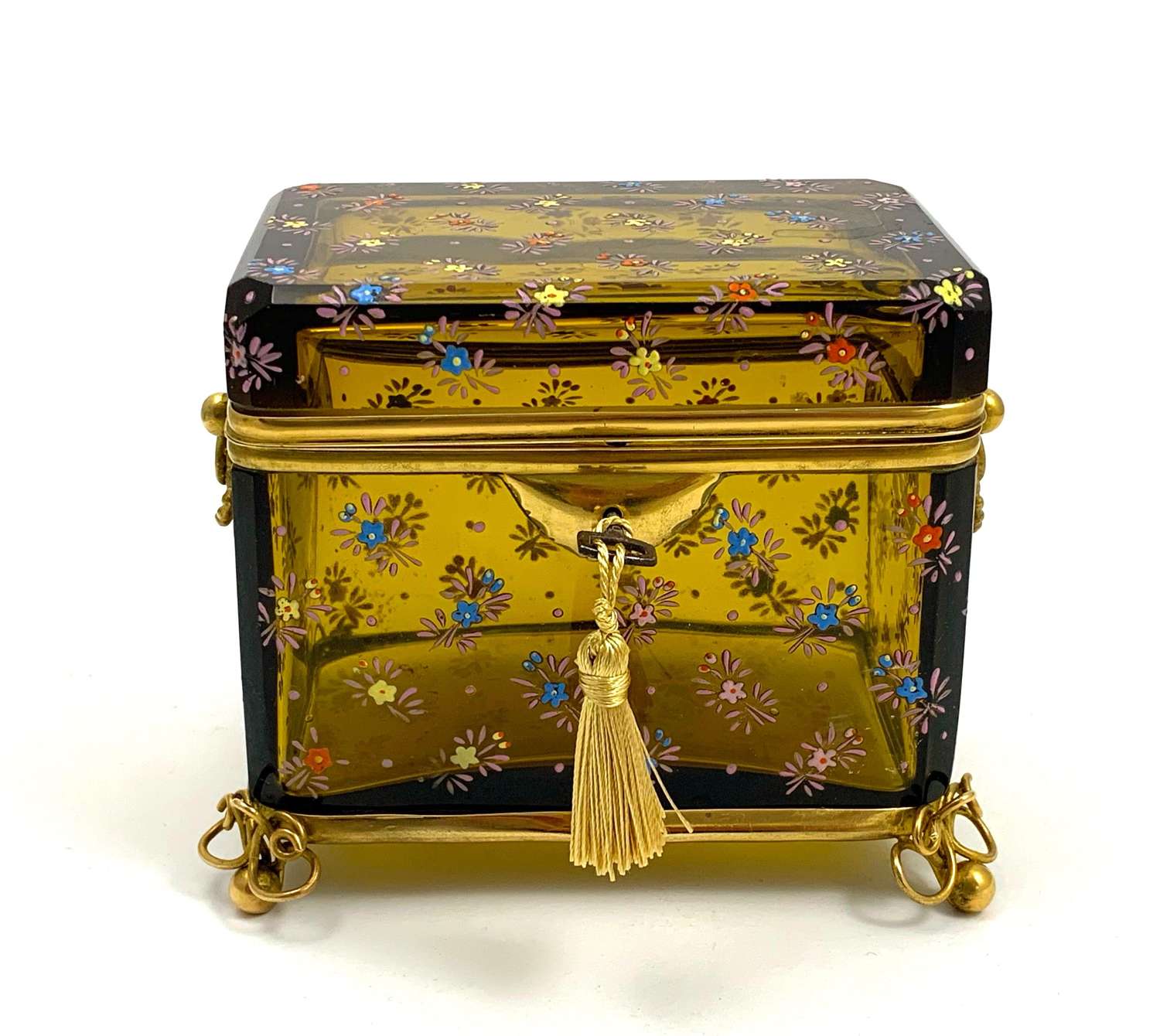 Antique Bohemian MOSER Amber Glass Casket Box with Flower Decoration