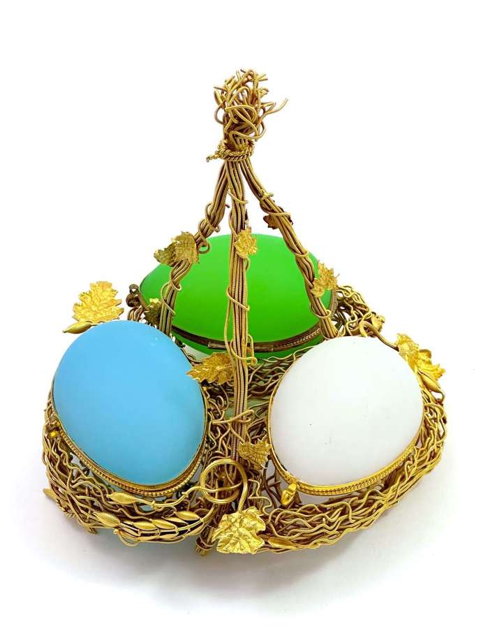 Palais Royal Triple Opaline Glass Egg Wigwam Casket