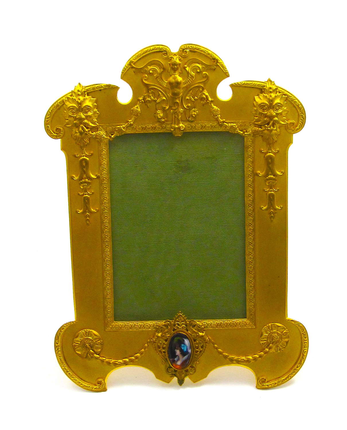Antique French Gilt Bronze and Silk Frame with Fine Limoges Miniature