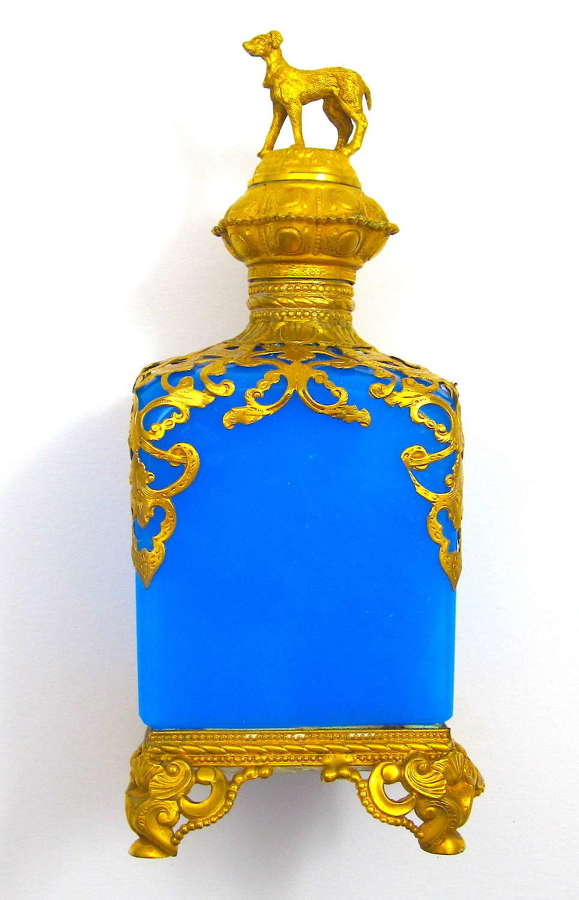Large Antique Palais Royal Blue Opaline Glass Perfume Bottle with Dog