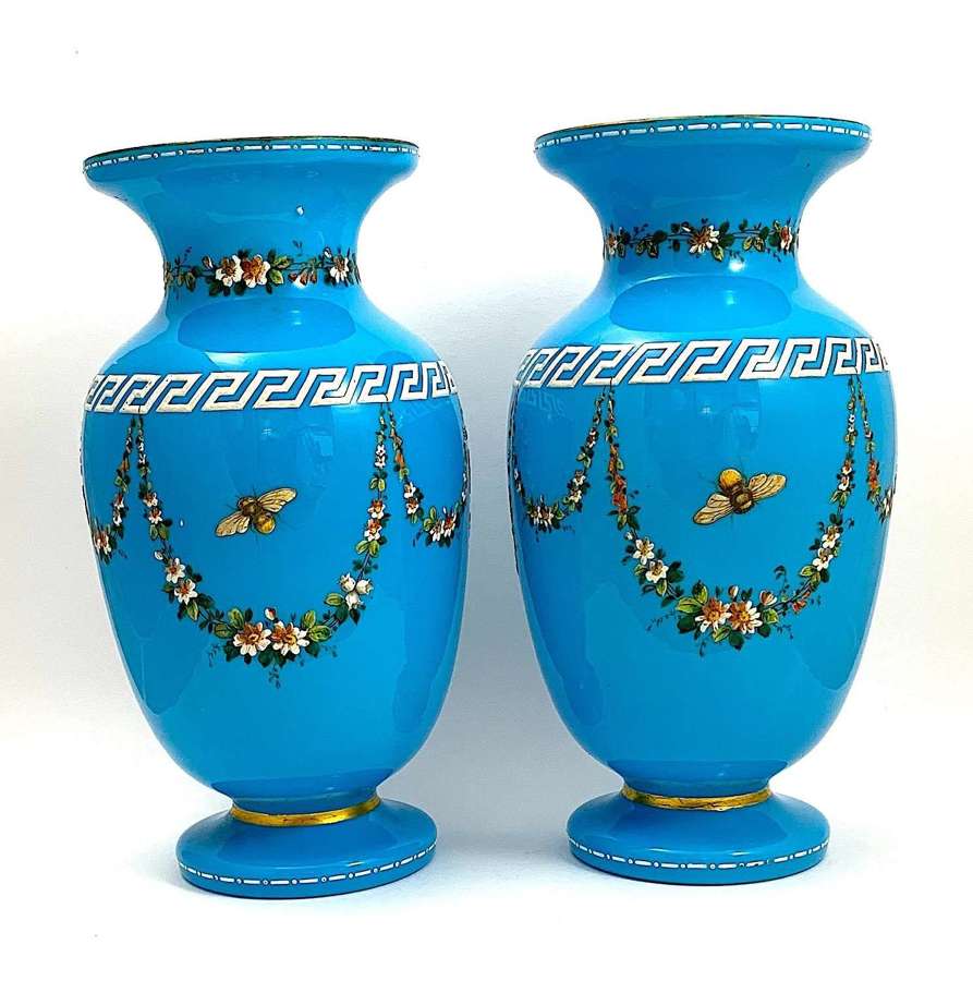 Pair of Antique Moser Blue Opaline Vases with Butterflies and Flowers