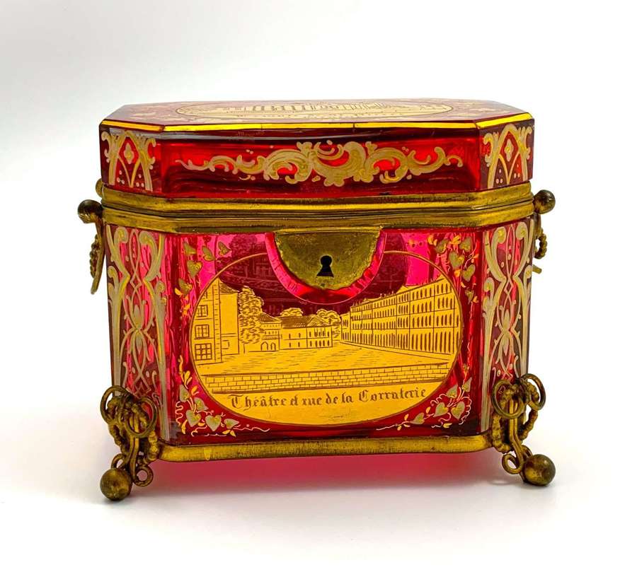 Stunning Antique Bohemian Cranberry Pink&nbsp;Enamelled Glass Casket