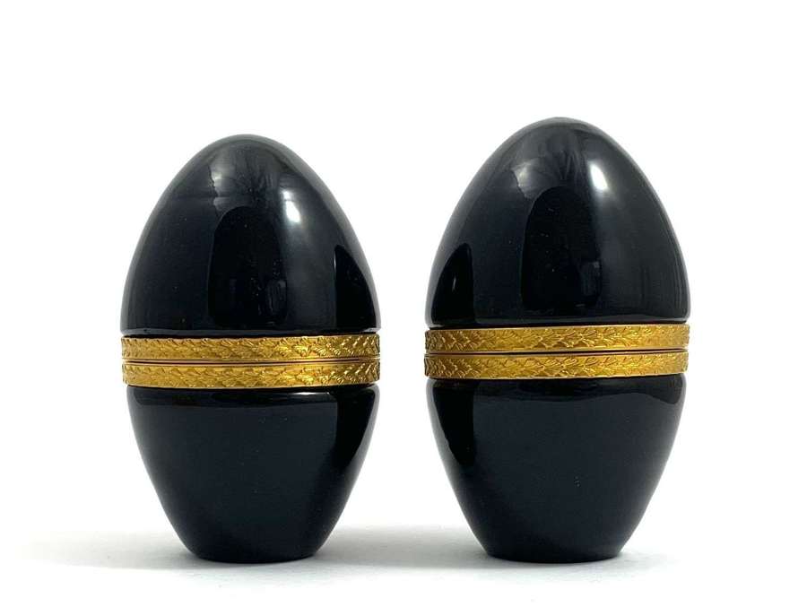 A Pair of Antique Black Opaline Glass Egg Boxes