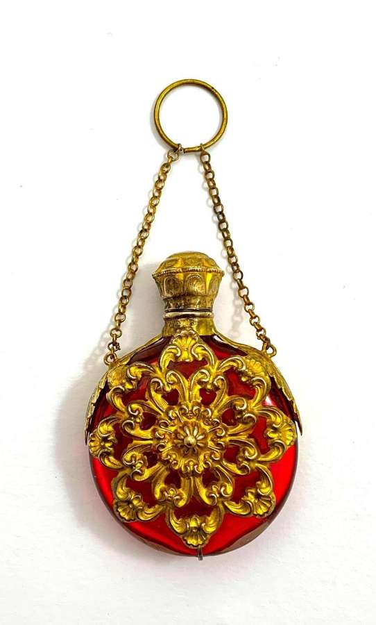 Antique Palais Royal Ruby Red Glass Scent Bottle with Chatelaine
