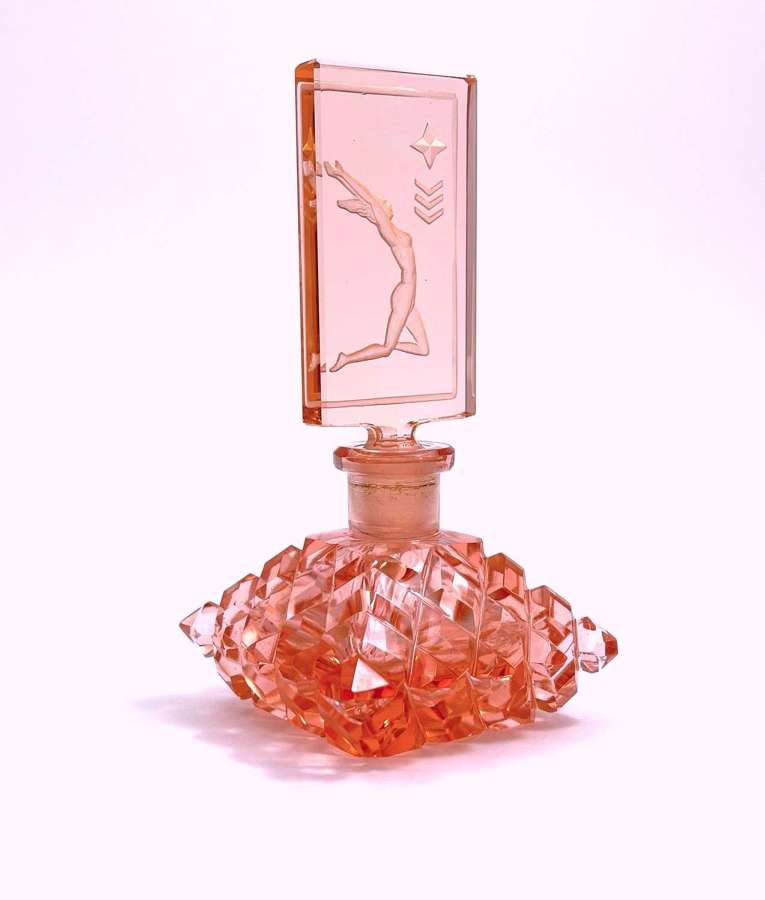 A Jazz Age Deco Pink Glass Scent Bottle & Acid Etched Stopper