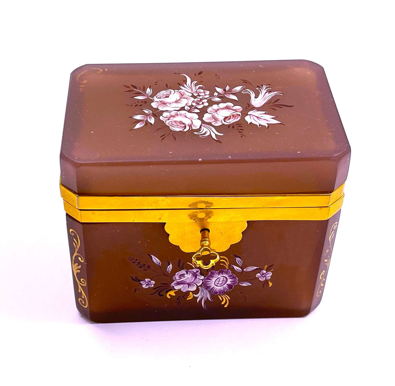 Antique Mauve/ Dirty Pink Opaline Glass Casket Box and Key