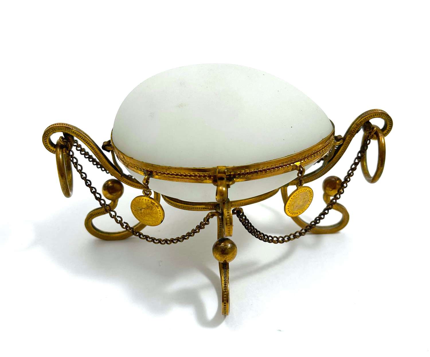 Antique French Palais Royal White Opaline Glass Egg Shaped Box