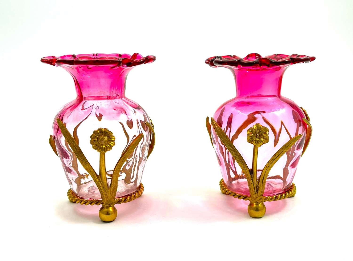 Pair of Antique French Cranberry Glass Vases with Dore Bronze Mounts