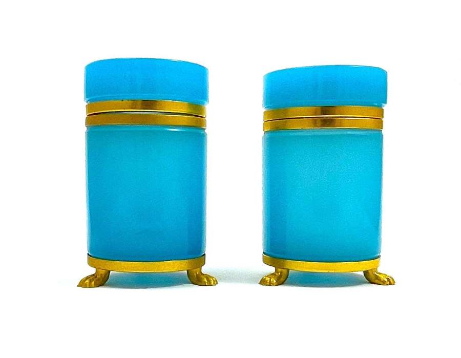 Pair of Antique French Blue Opaline Glass Boxes