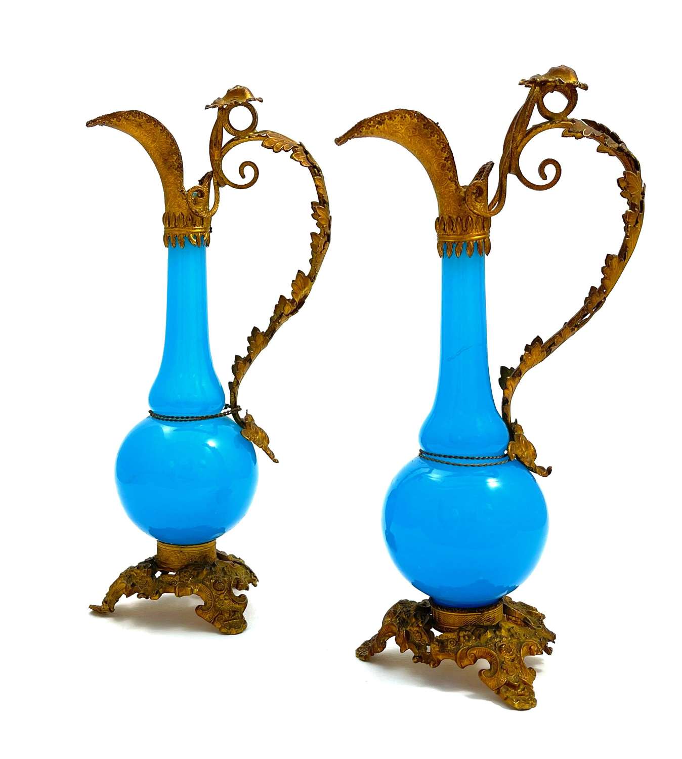 A Pair of Antique French Dore Bronze and Blue Opaline Glass Ewers.