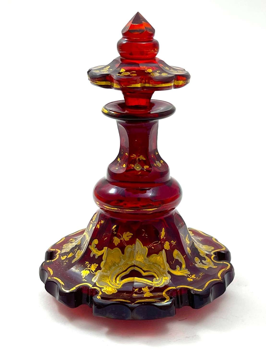Antique Bohemian Deep Ruby Red Glass Gold Enamelled Perfume Bottle