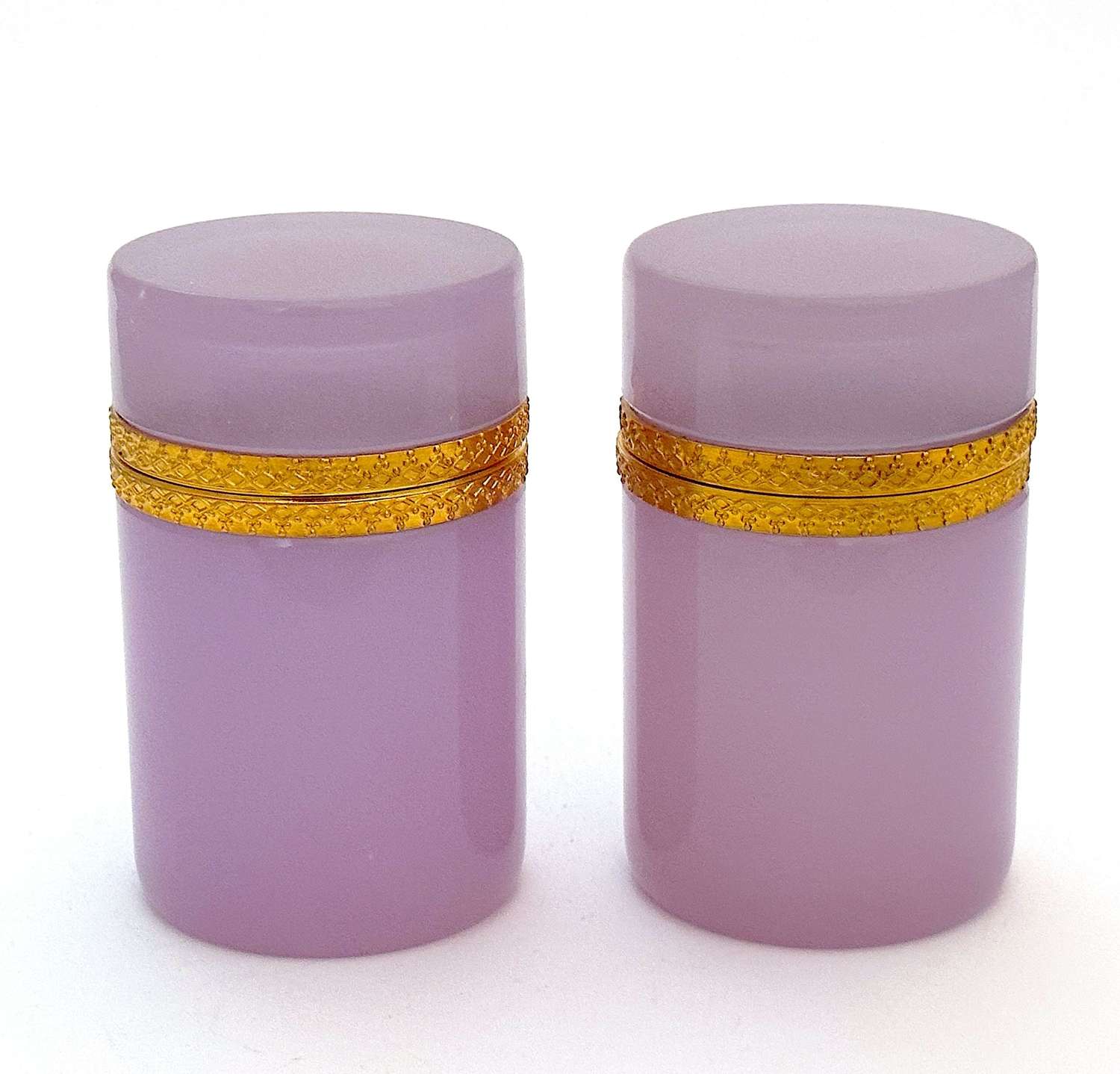 A Pair of Antique Cylindrical Pink Glass Casket Boxes