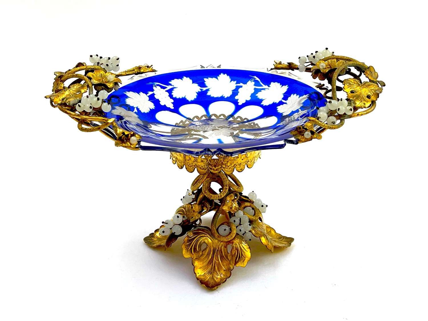 Antique Blue Overlay Glass Bowl Centrepiece with Opaline Glass Grapes