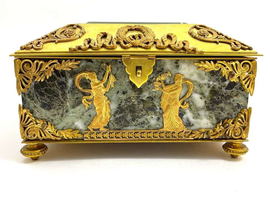 Antique Napoleon III Dore Bronze and Verde Antico Marble Casket