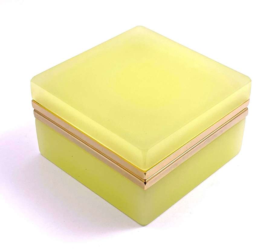 Antique Murano Square Lemon Yellow Opaline Glass Casket Box