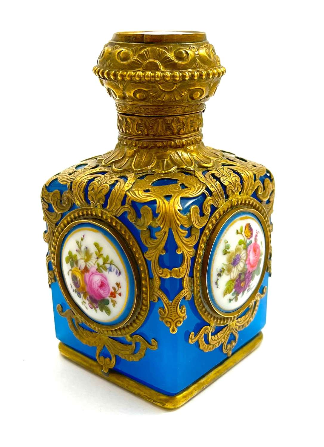 Palais Royal Blue Opaline Glass Perfume Bottle & Porcelain Miniatures