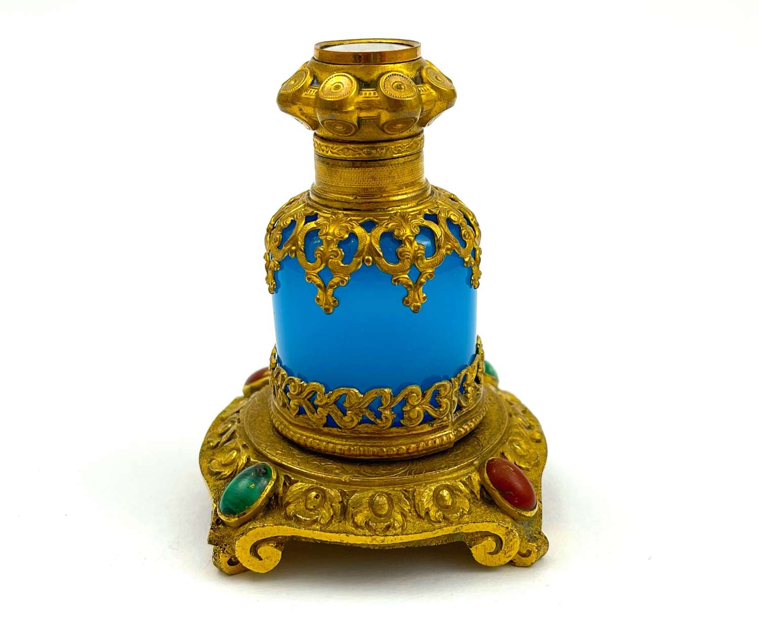 Unusual Palais Royal Opaline Perfume Bottle with Malachite & Cornaline