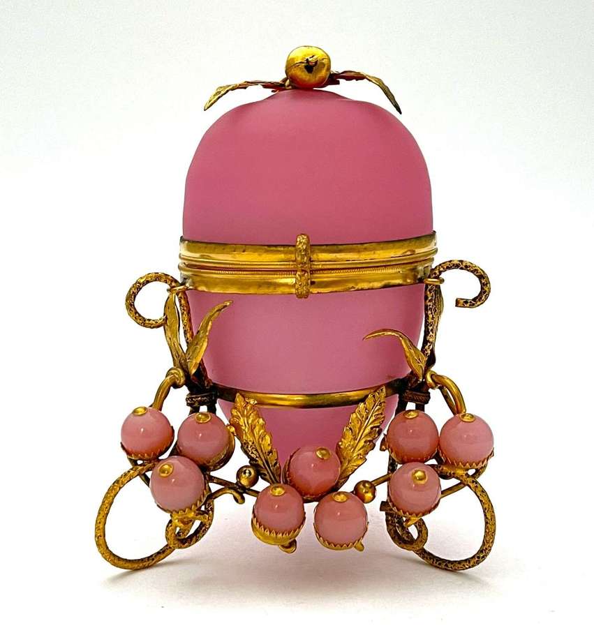 Antique French Palais Royal Pink Opaline Glass Egg with Baubles