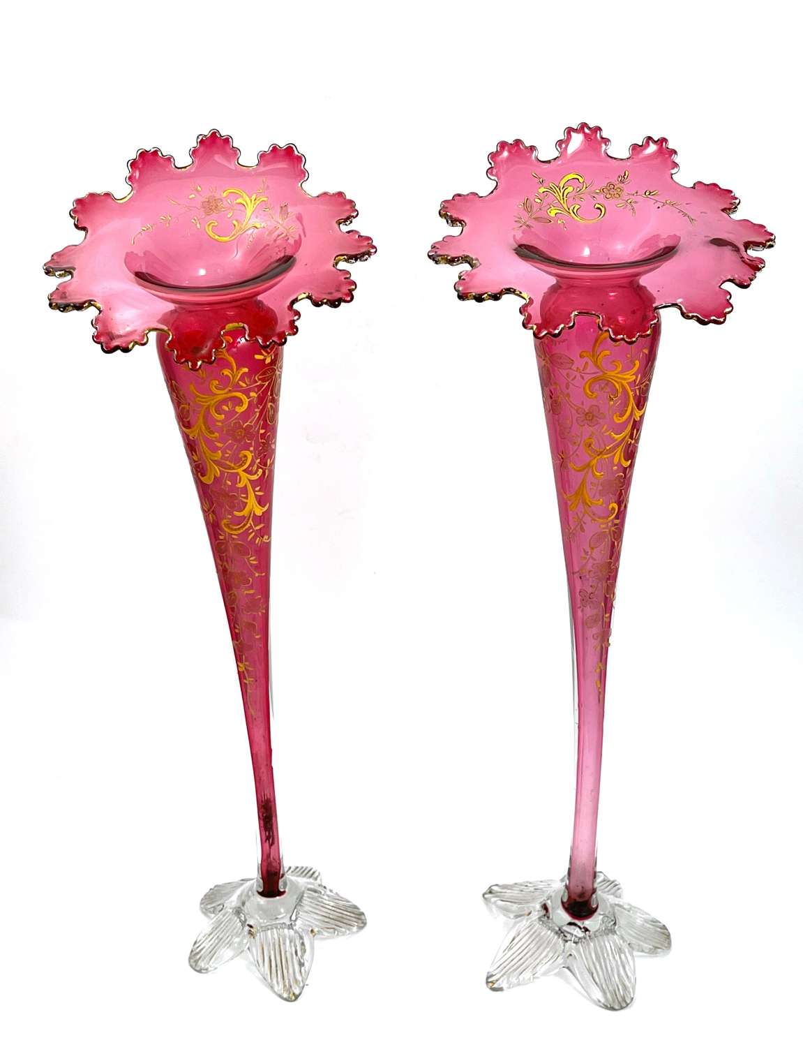 Pair of Tall Antique French Cranberry Glass Trumpet Vases
