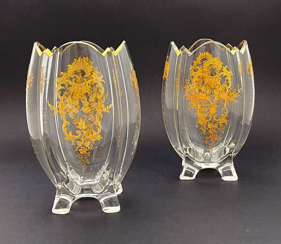 Pair of Antique MOSER Clear Glass Gold Enamelled Vases