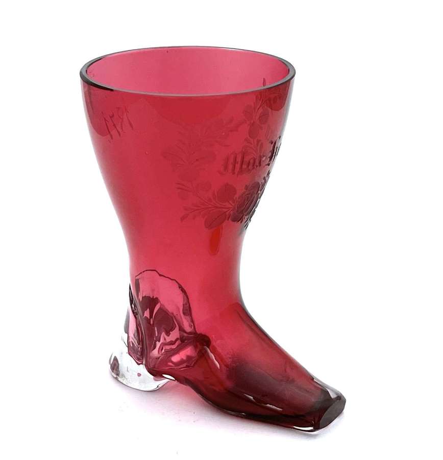 Antique Whimsical Cranberry Glass Boot Drinking Vessel