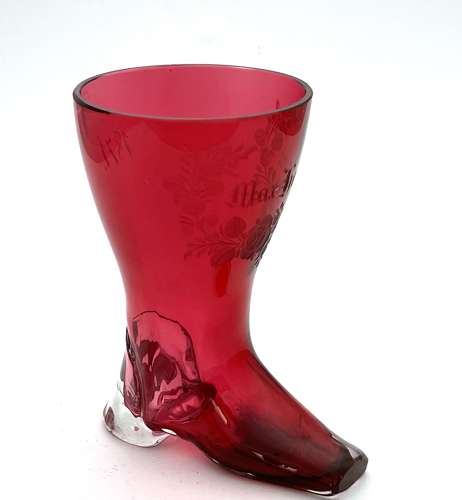 Antique Whimsical Cranberry Glass Boot Drinking Vessel