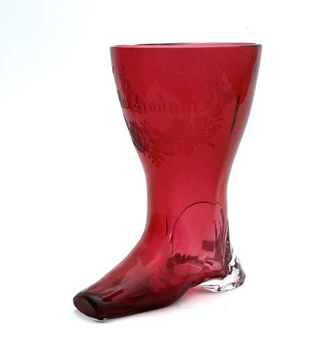 Antique Whimsical Cranberry Glass Boot Drinking Vessel