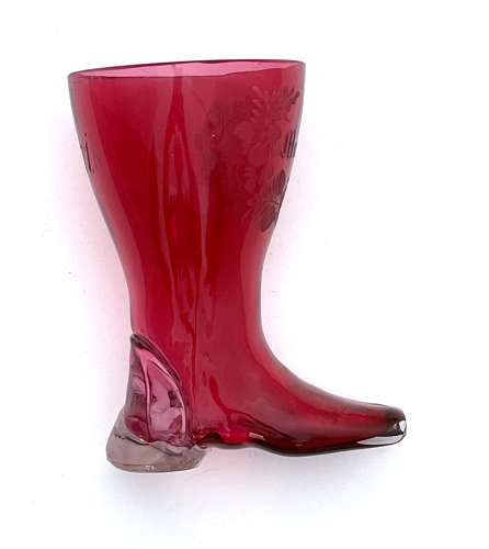 Antique Whimsical Cranberry Glass Boot Drinking Vessel