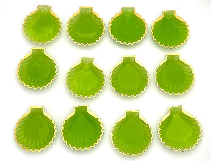 Set of 12 Antique French Green Opaline Glass Scallop Shell Dishes