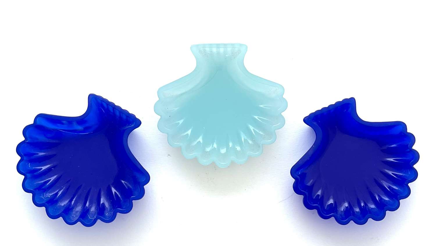 A Trio of Antique French Blue Opaline Glass Scallop Shell Dishes