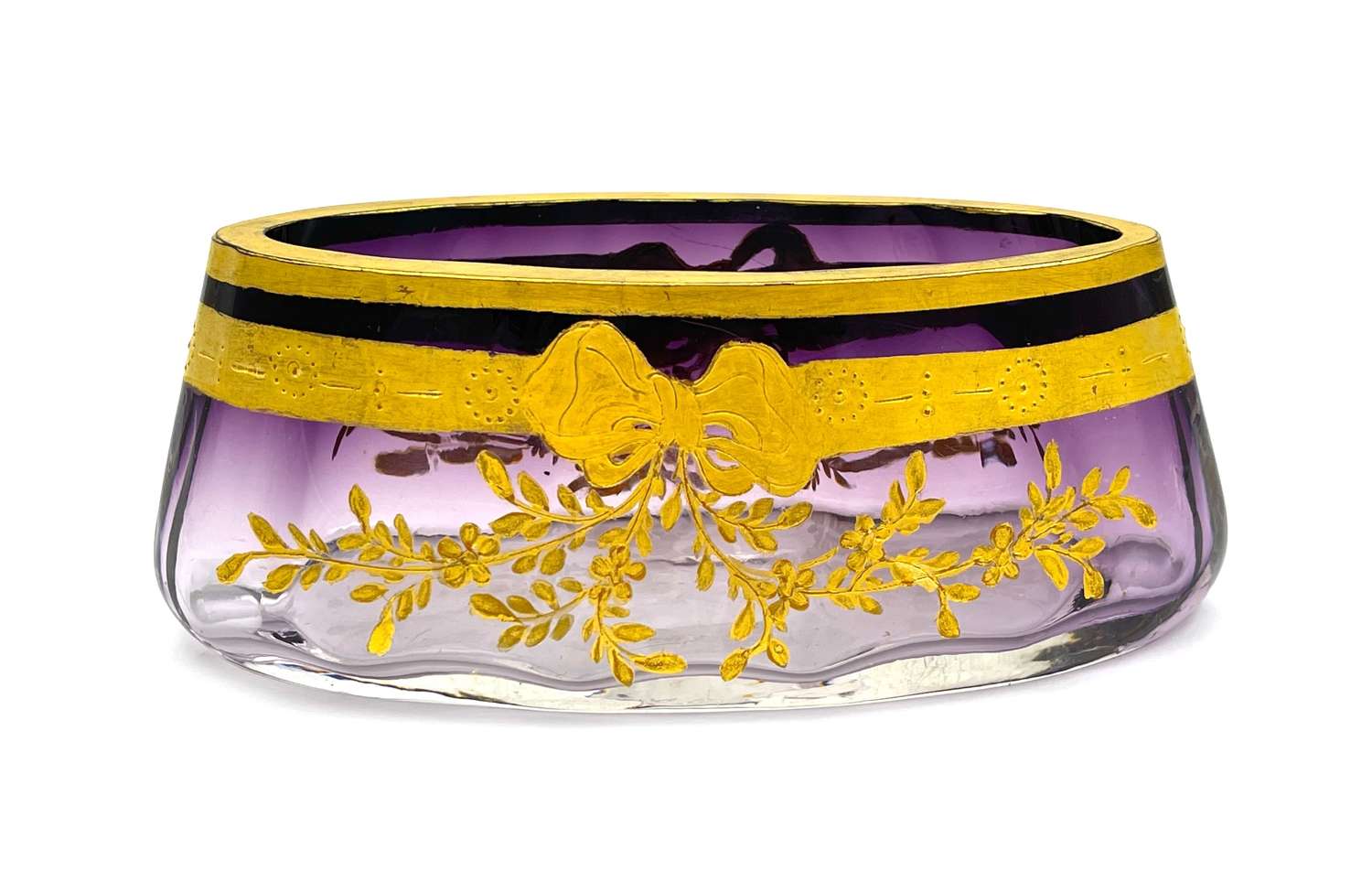 Antique Moser Amethyst Glass Bowl Decorated with a Gold Enamelled Bow