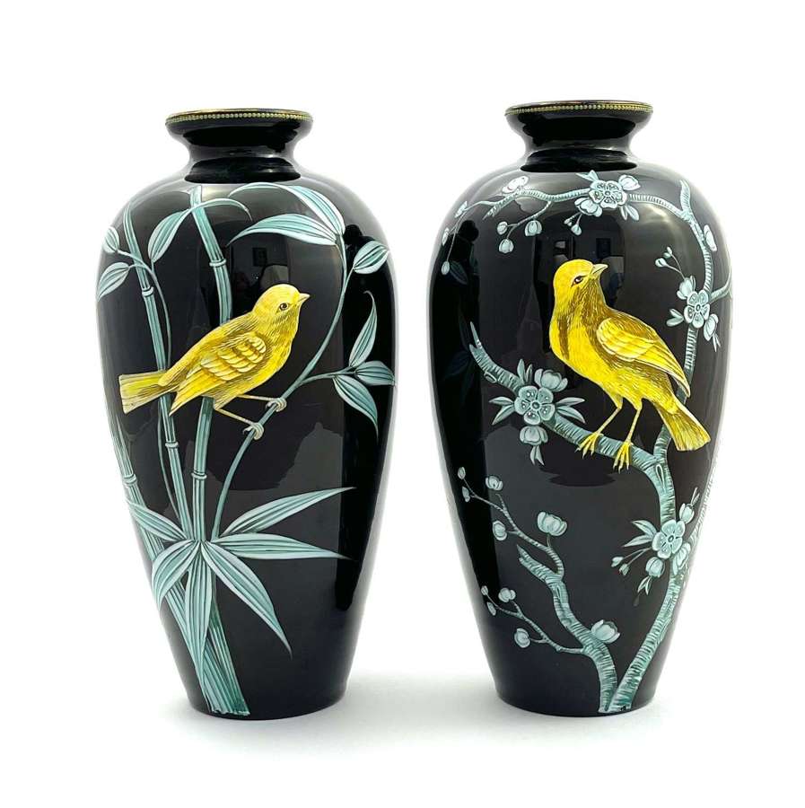 A Wonderful Pair of MOSER Black Opaline Glass Vases with Birds