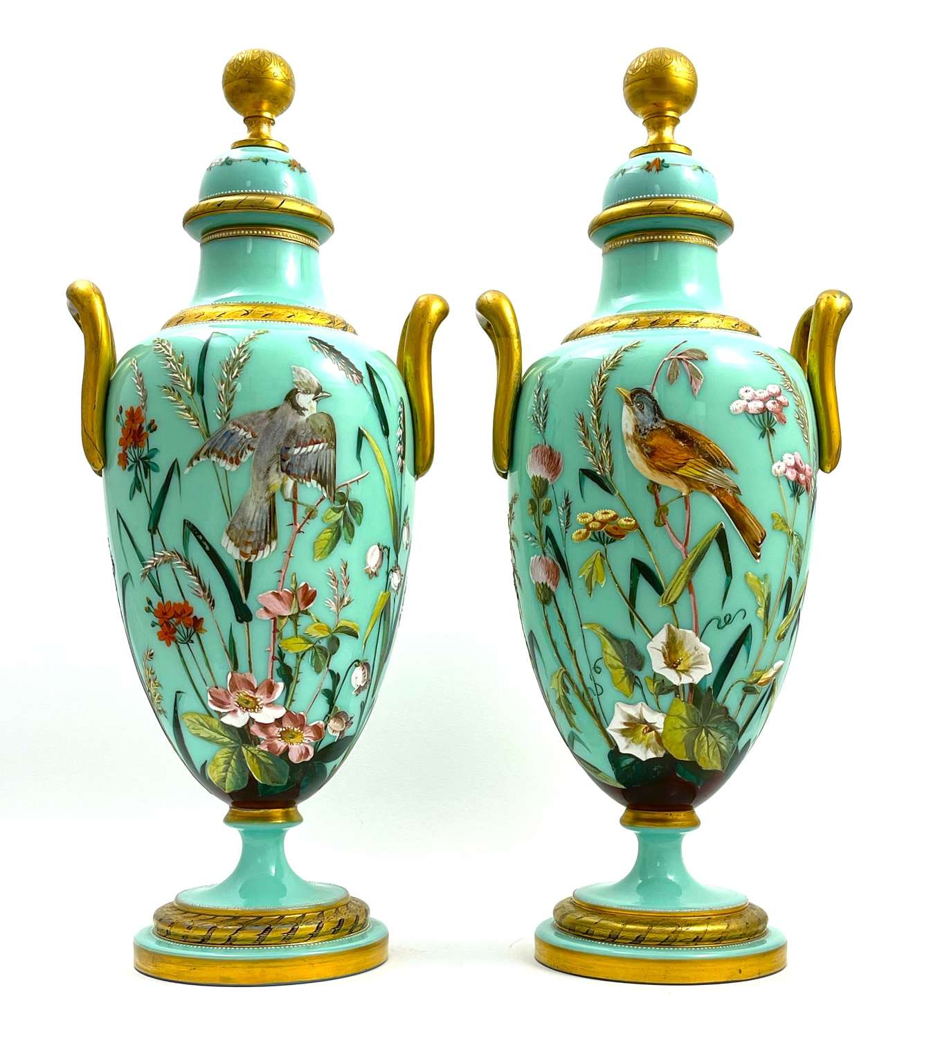 Pair of Exceptional MOSER Opaline Vases with Double Handles and Lids