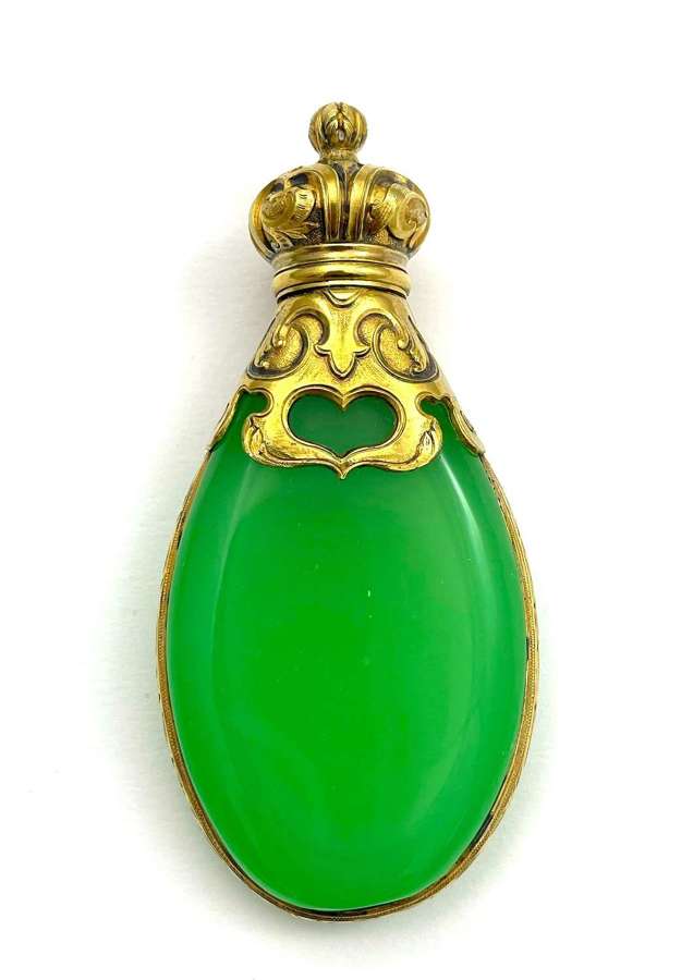 Fine  Antique French Green Opaline and Silver Gilt Perfume Bottle