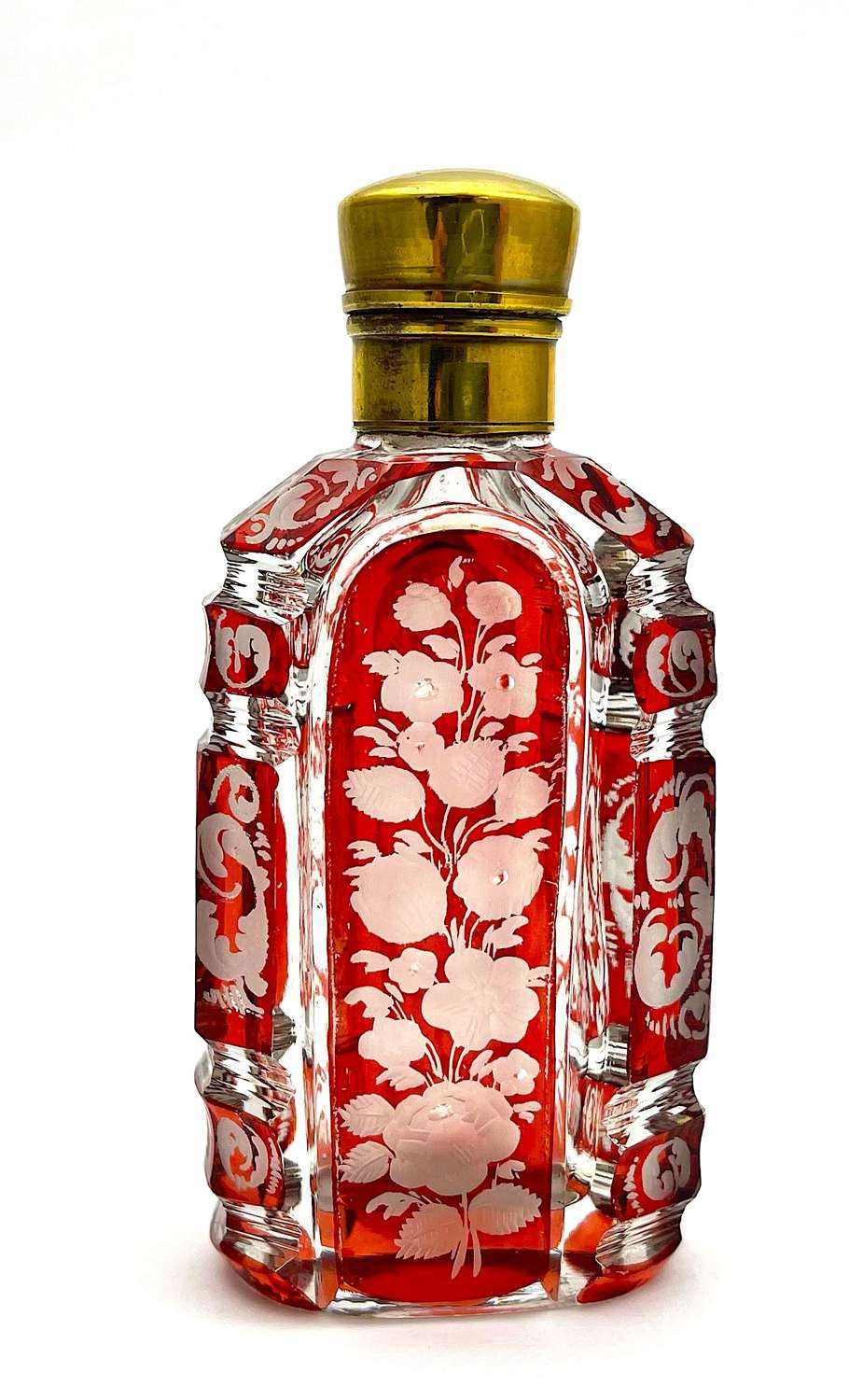 Antique Bohemian Ruby Red Engraved Glass Perfume Bottle