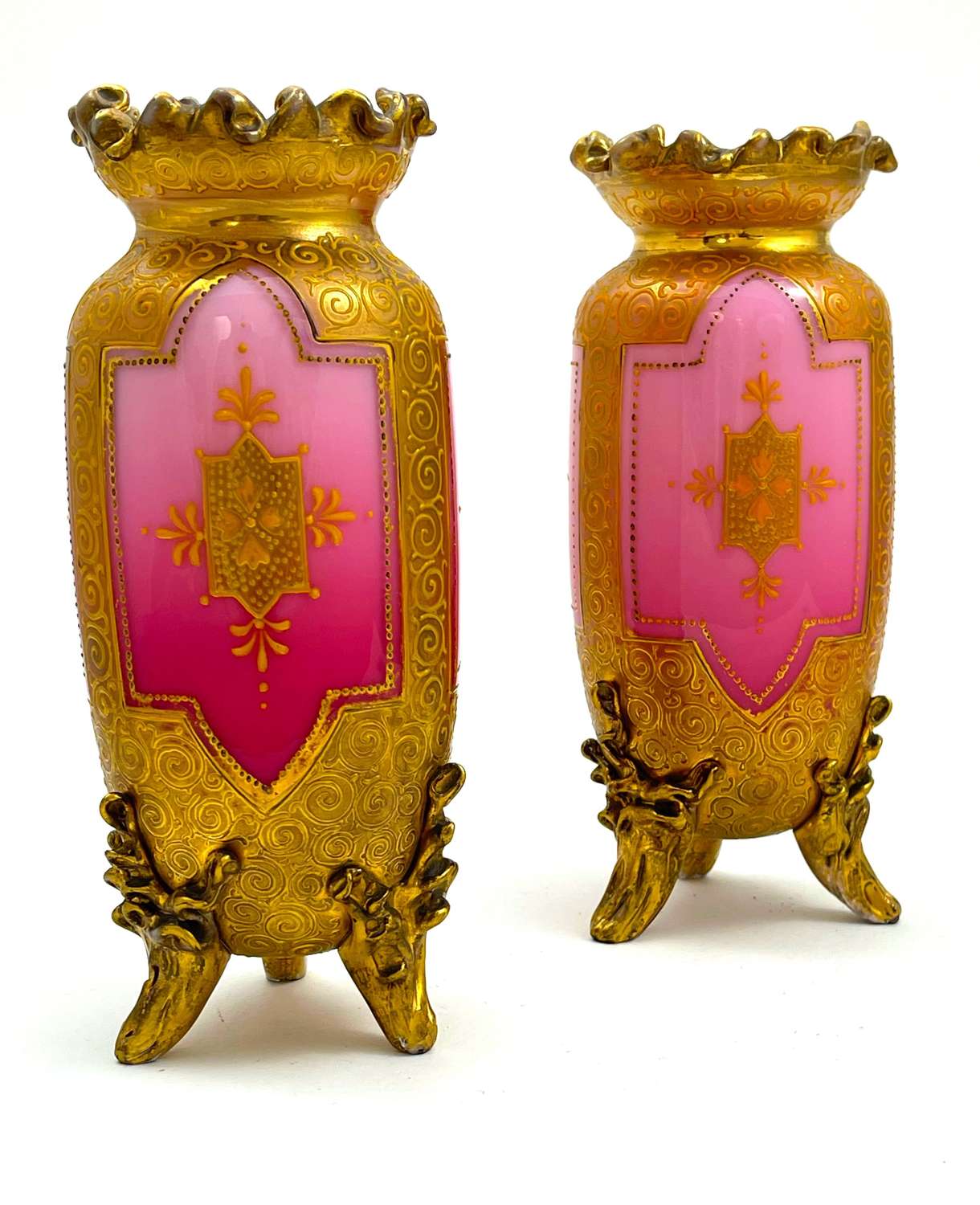 Pair of Exceptional Antique MOSER Pink Opaline Glass Vases