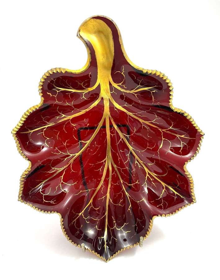 Antique Bohemian Red Glass Leaf Dish Highlighted in Gold.