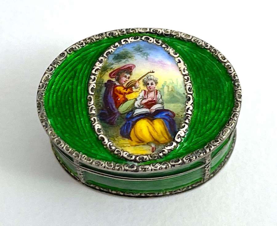 Antique French Guilloche Enamel and Silver Pill Box with Miniature