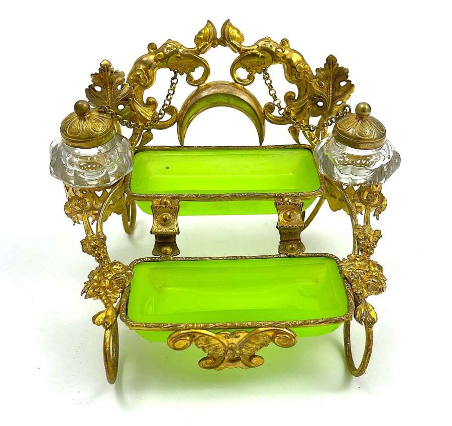 Antique Palais Royal French Green Opaline Glass Double Inkwell.