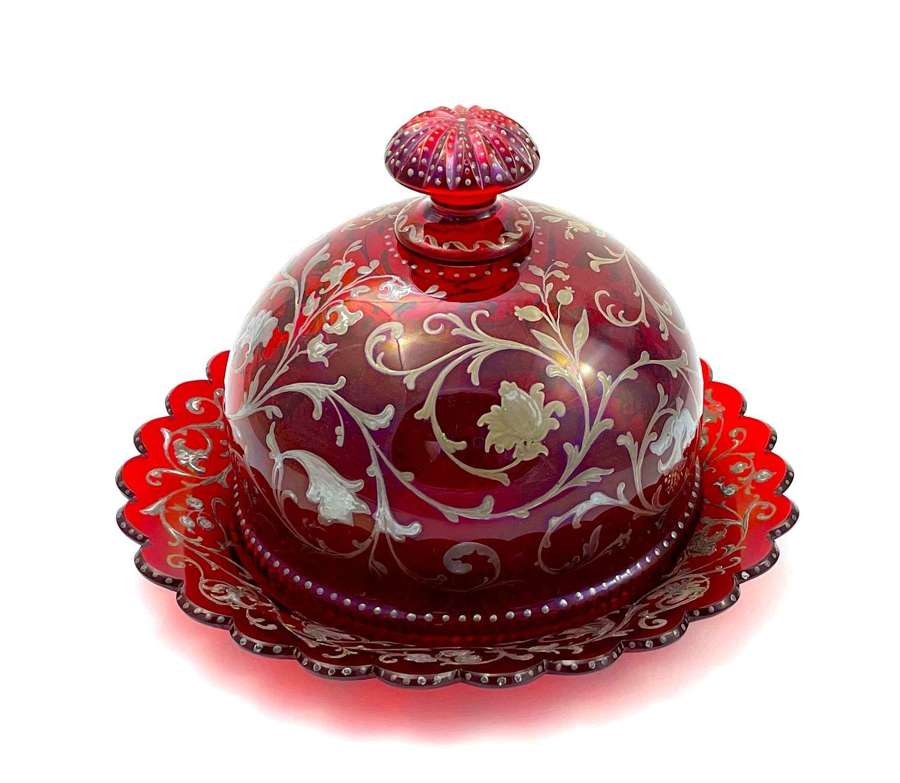 Antique Bohemian Ruby Red Dish with Silver Enamel Decoration