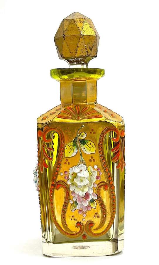 Antique MOSER Glass Perfume Bottle with Applied Flowers
