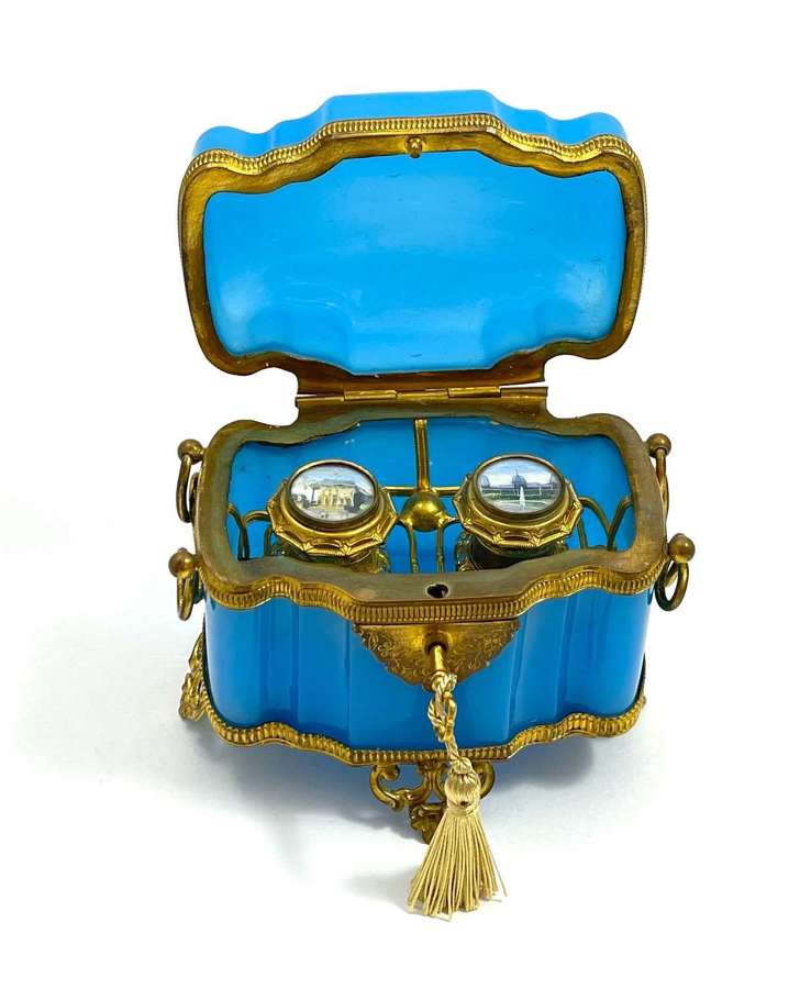 Antique French Blue Opaline Glass Perfume Casket